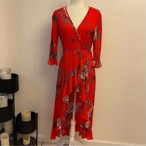 Fashion Nova Women’s Medium Floral Red Wrap Dress Peasant High Low Cover Up